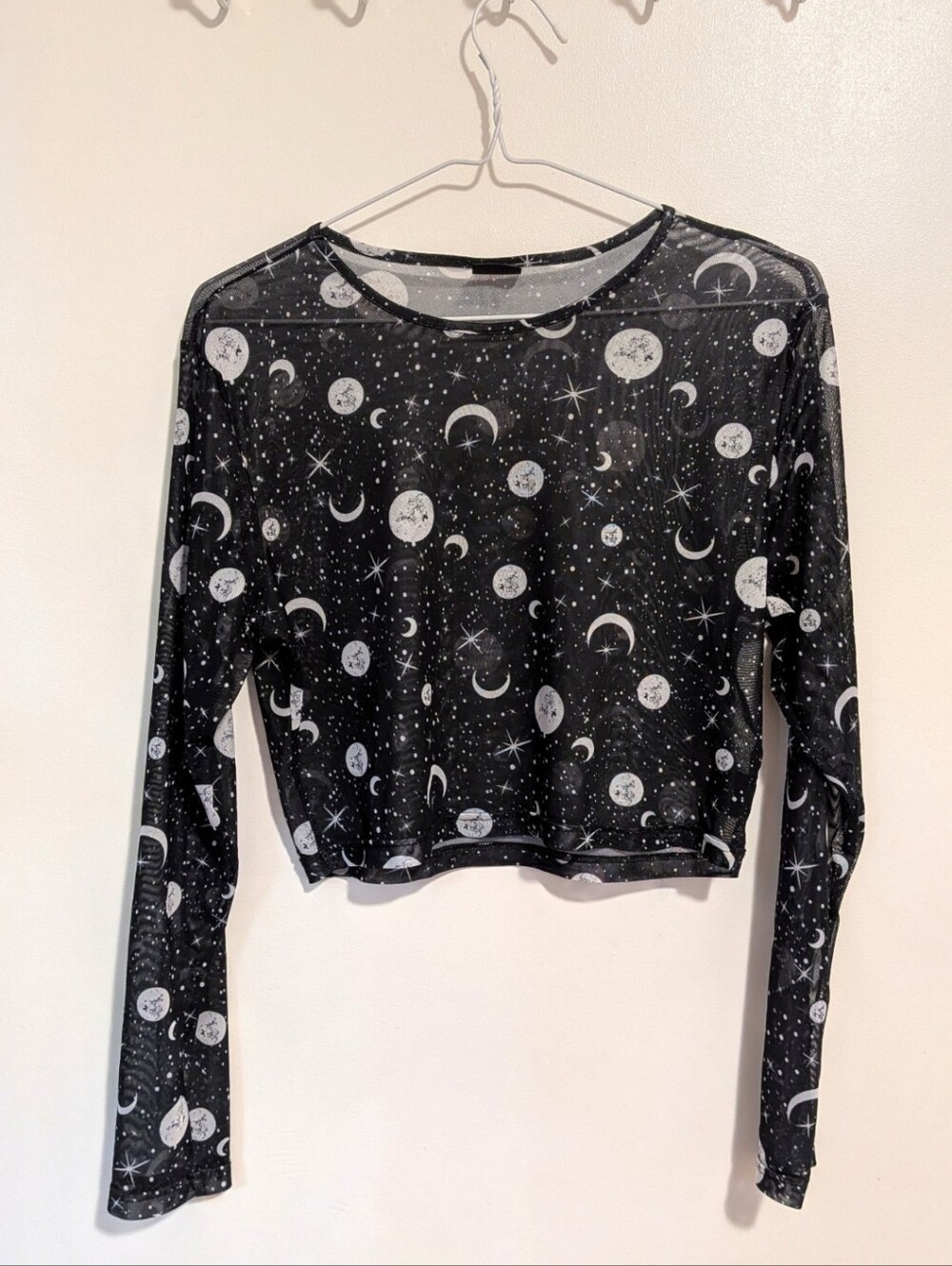 Women's Black See-Through Celestial Long Sleeve Crop Top